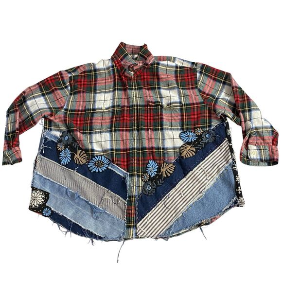 Flannel Shirt Womens 2XL Sugar Skull Shacket Upcycled Grunge Maximalist Rock - Picture 9 of 16